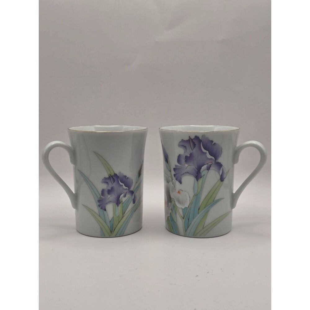 Otagiri Bouquet Irises Mugs Set of Two Gold Rim Hand Painted Vintage EUC